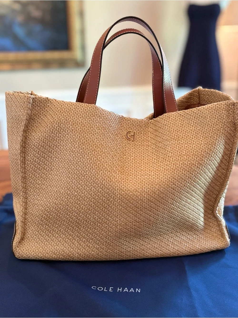 Cole Haan Tan Woven Tote with Brown Leather Handles